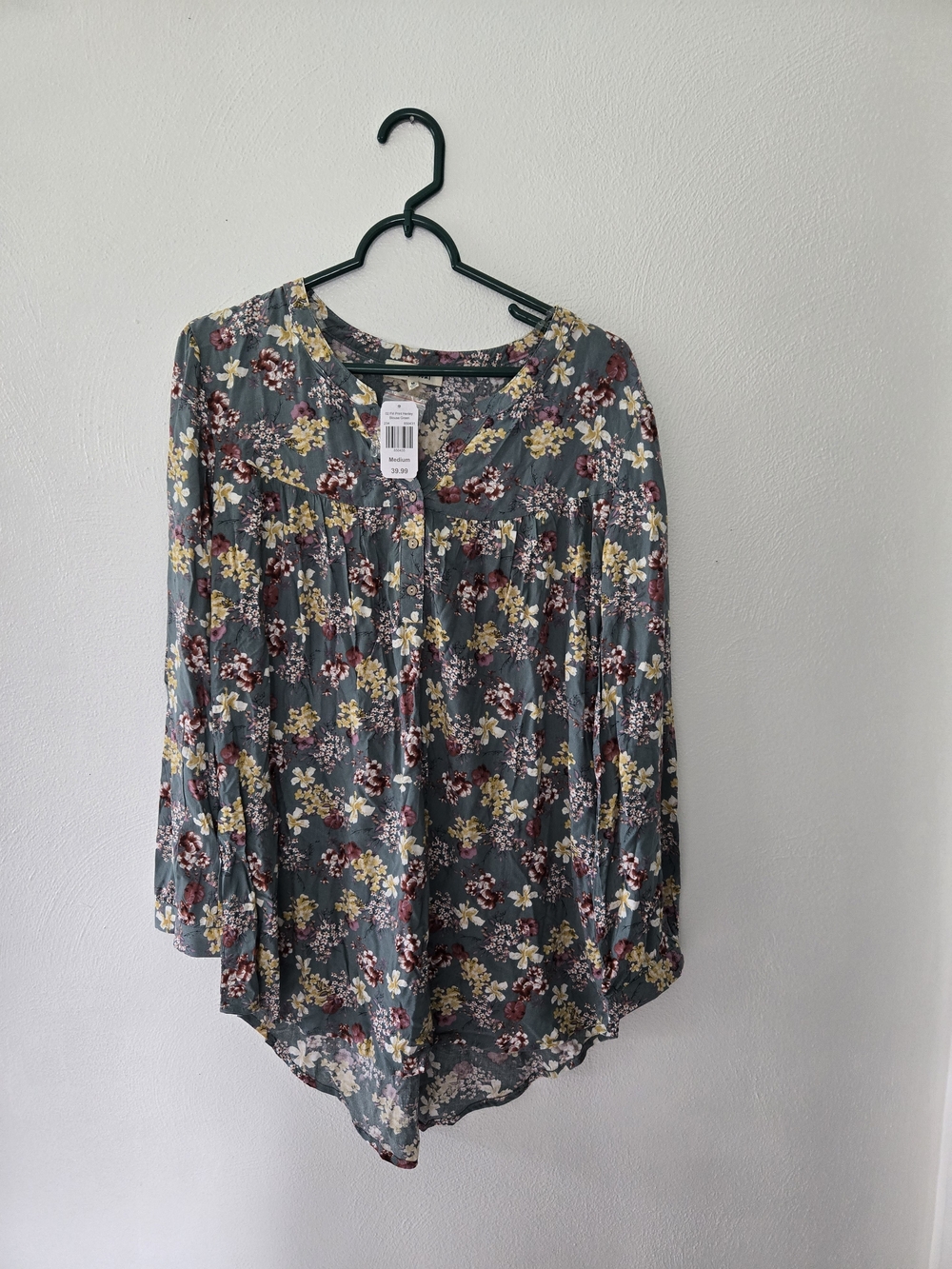 indigo soul Green Floral Button-Front Tunic with Yellow & Maroon Flowers
